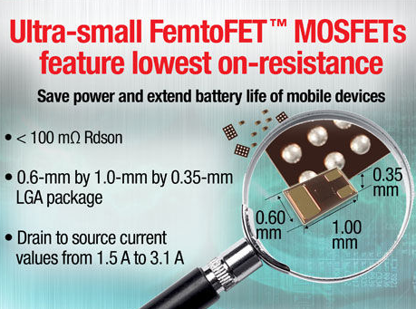 TI 超小型 FemtoFET MOSFET 支持最低导通电阻